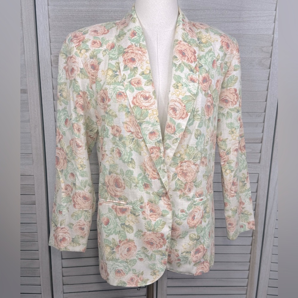 PS ILLUSTRATIONS Vintage 70's-80's Linen Blend Blazer Peach/Multi Floral-4